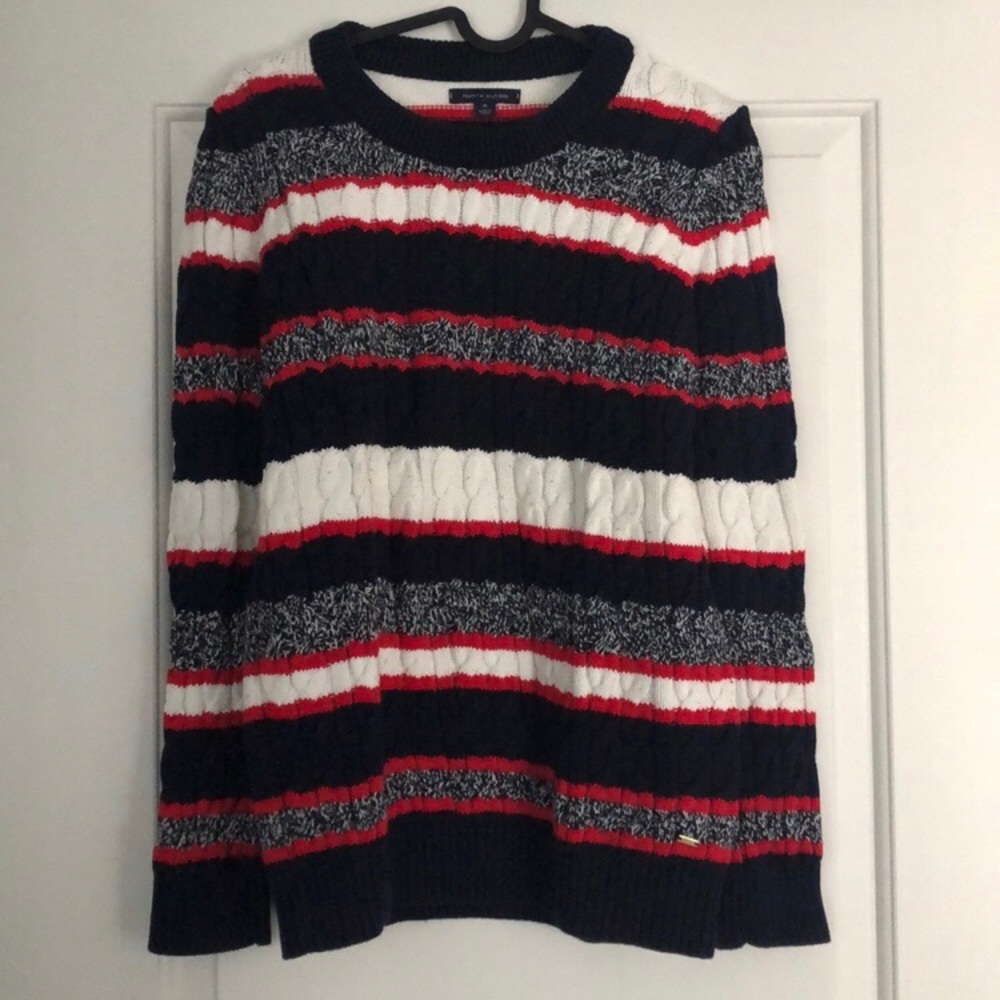 Tommy Crewneck Striped Cable-Knit Sweater